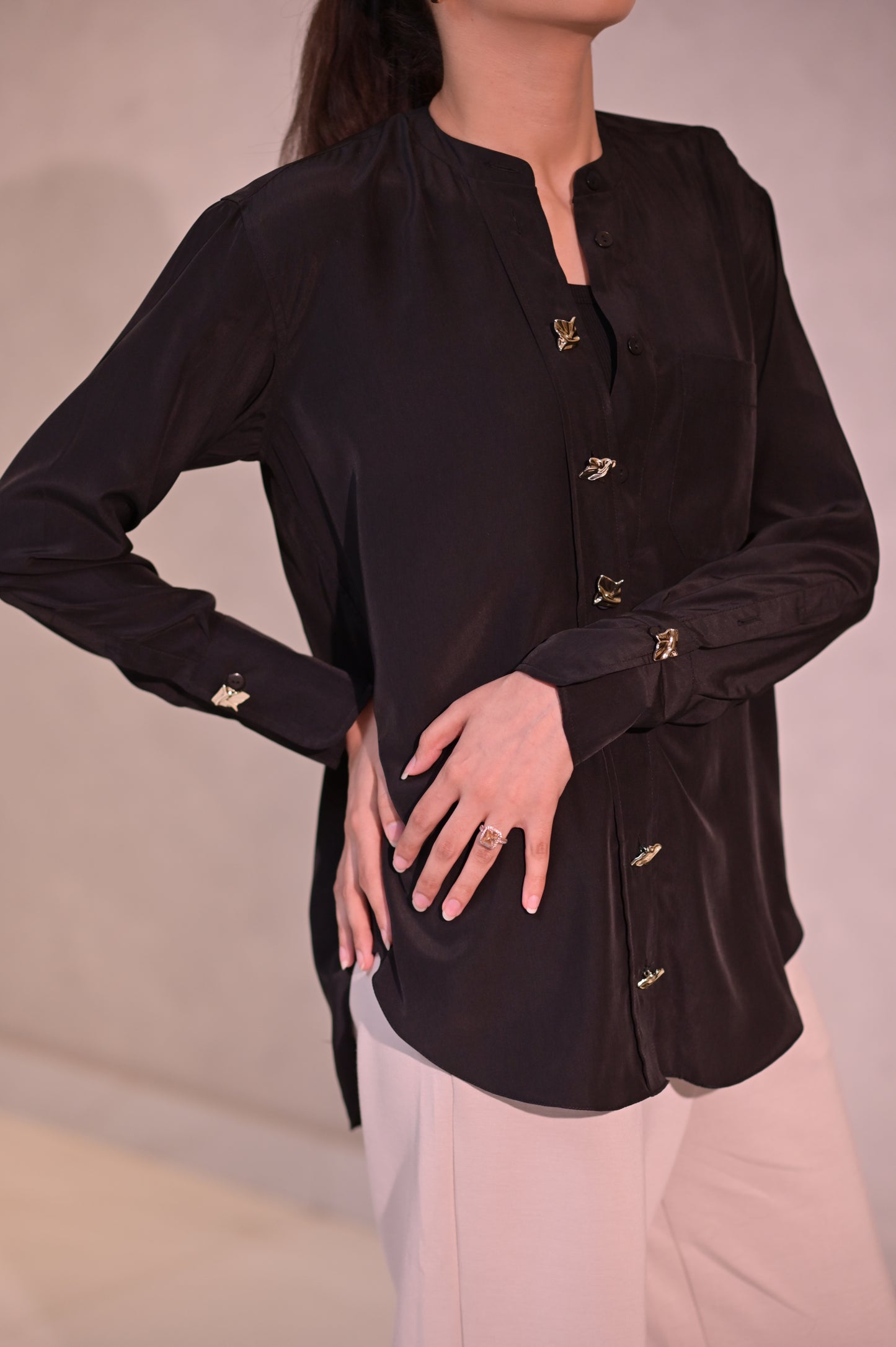 Black Satin Shirt with gold crafted Buttons