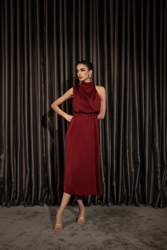 Satin Effect Wine Drape Dress