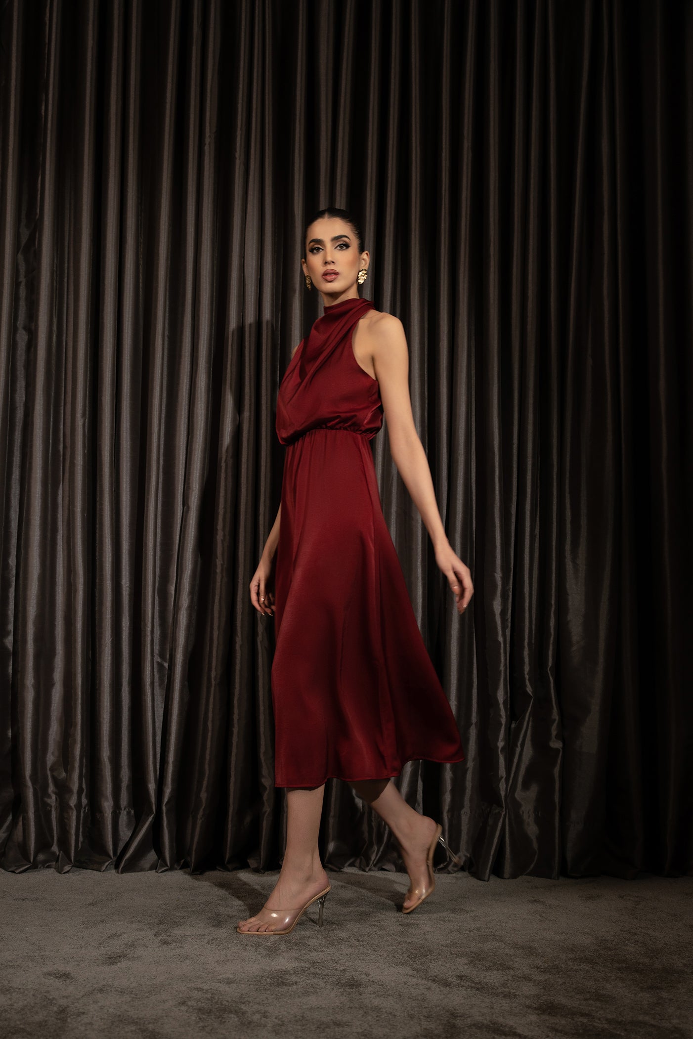 Satin Effect Wine Drape Dress