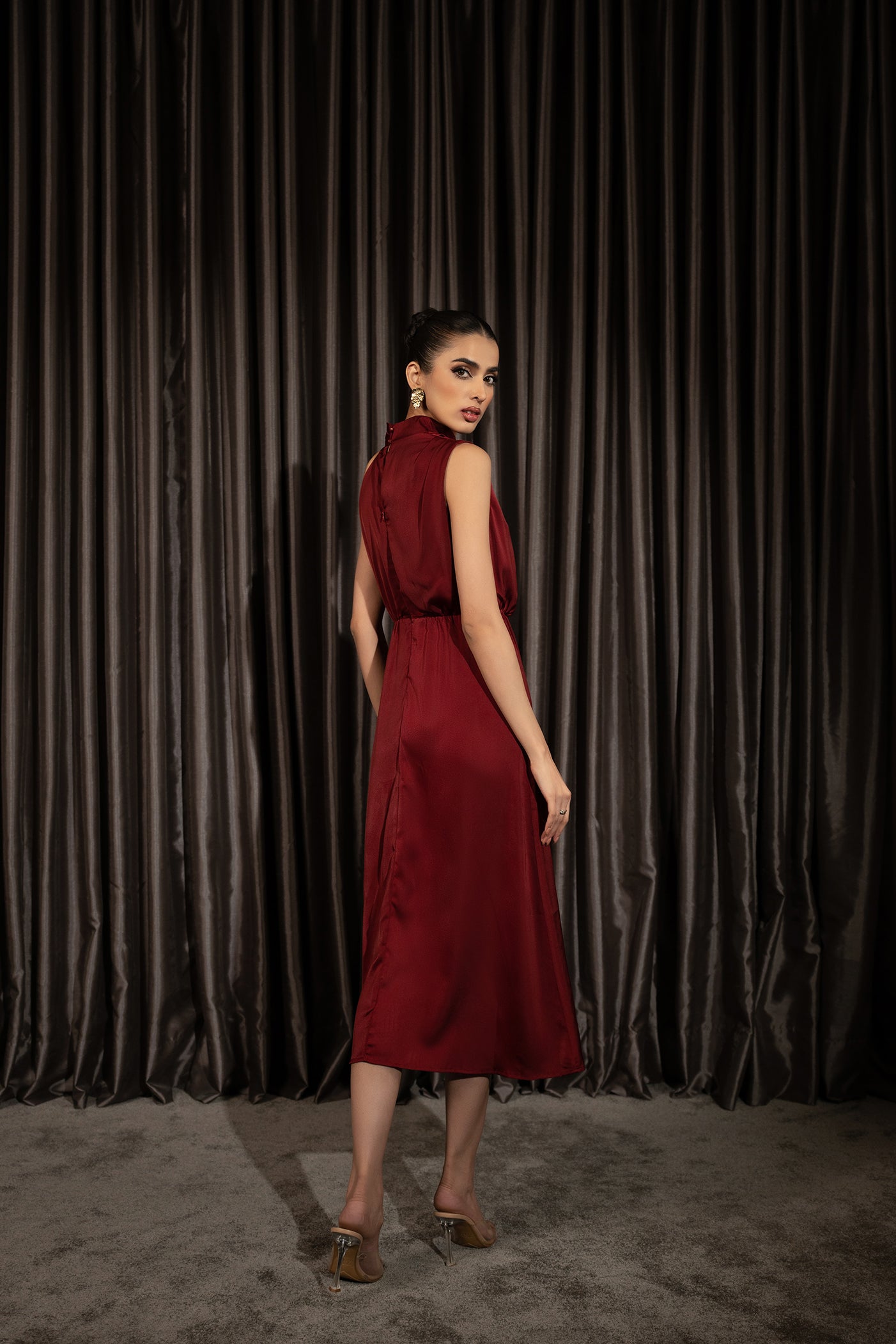 Satin Effect Wine Drape Dress