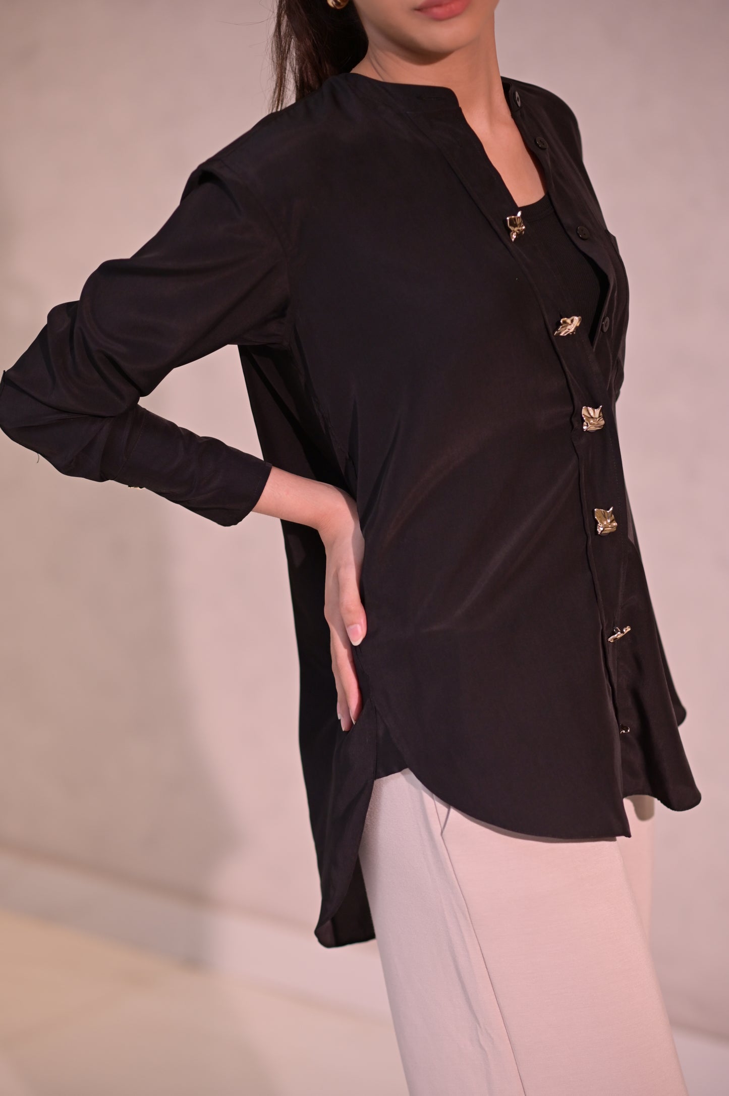 Black Satin Shirt with gold crafted Buttons
