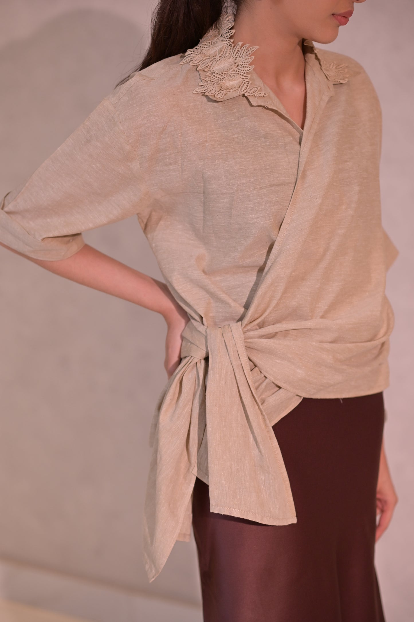 Textured Wrap Shirt with Embellished Collar