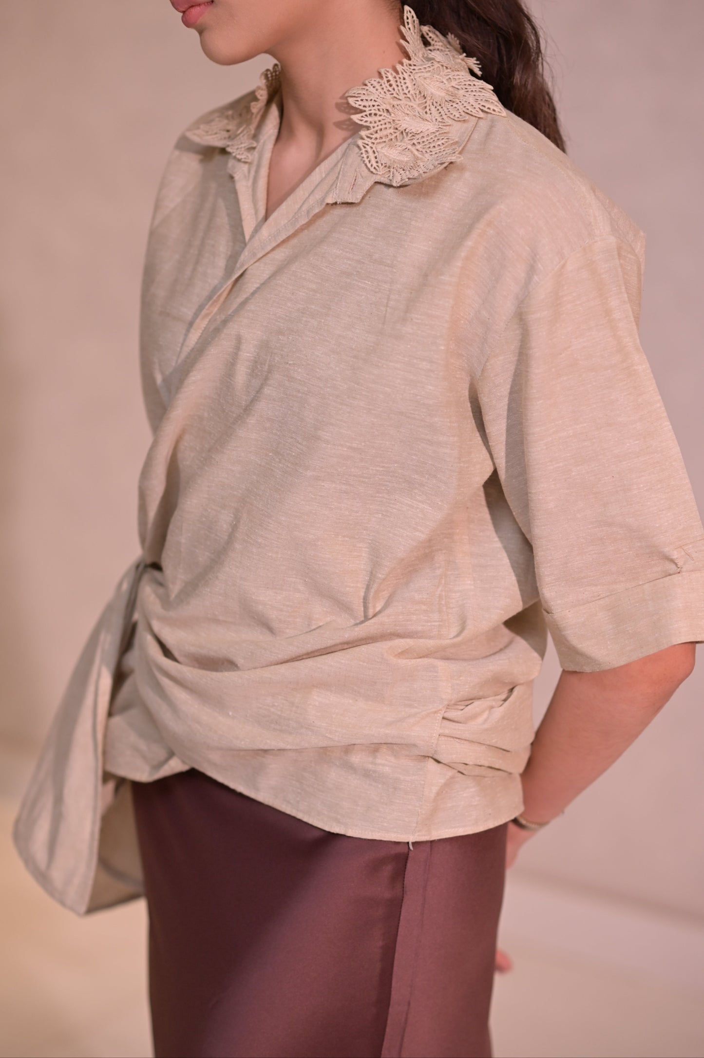 Textured Wrap Shirt with Embellished Collar