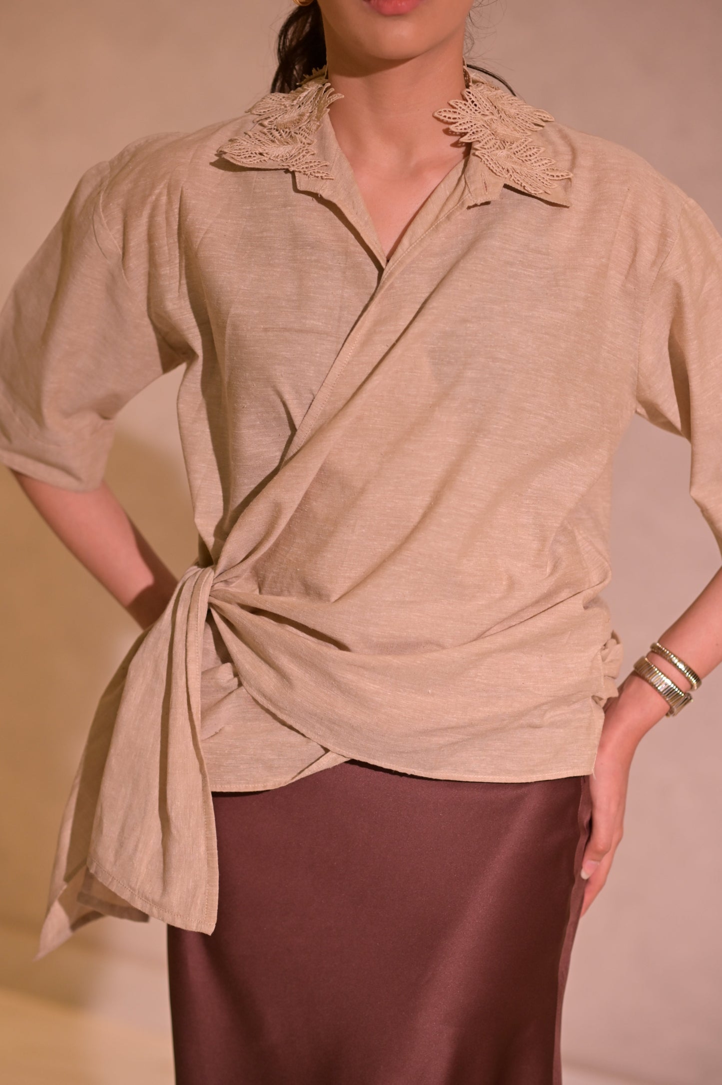 Textured Wrap Shirt with Embellished Collar