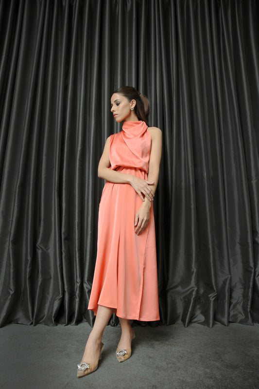 Satin Effect Peach Drape Dress